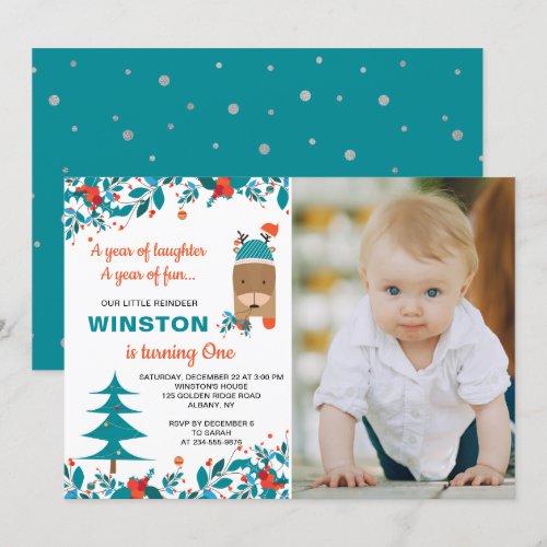Cute Blue Reindeer Christmas Boy Birthday Photo Invitation