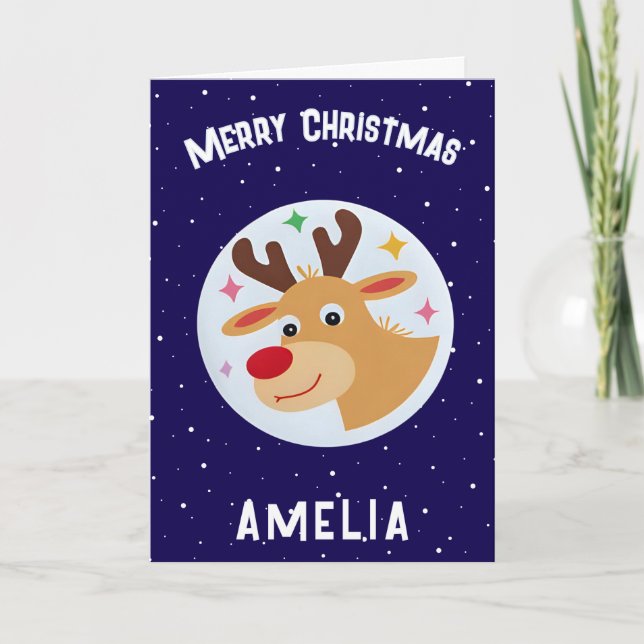 Cute Blue Reindeer Kid`s Name Merry Christmas Card (Front)