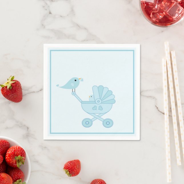Cute Blue Retro Bird Baby Carriage Boy Baby Shower Napkins (Insitu)