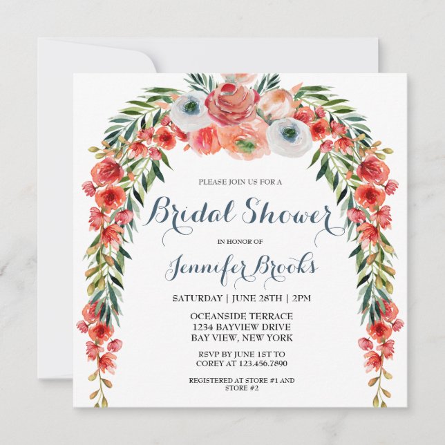 Cute Blue Retro Garden Floral Bridal Shower Invitation (Front)