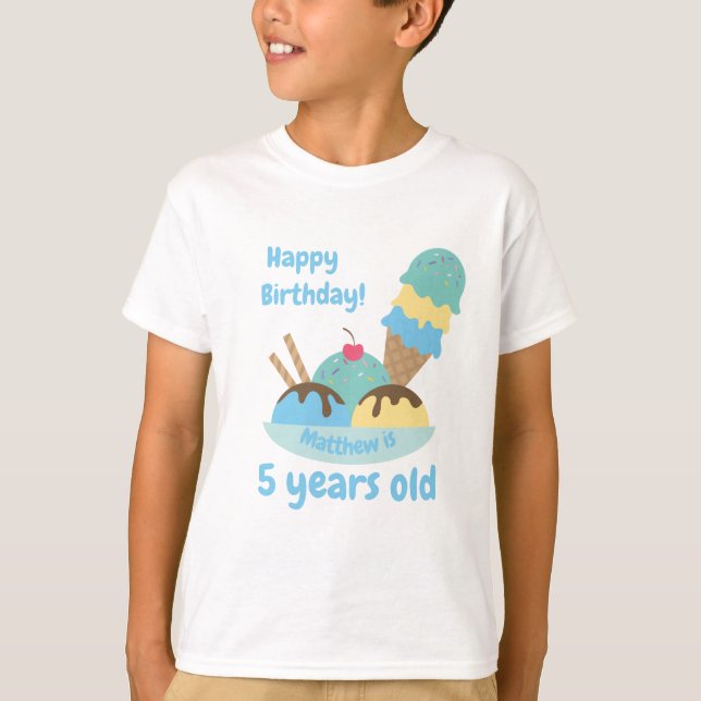 Cute Blue Retro Ice Cream Birthday T-Shirt (Front)