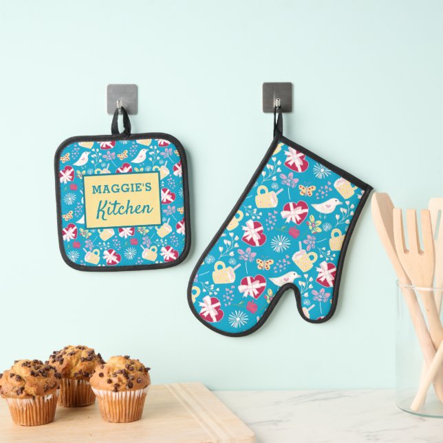 Cute Blue Retro Teacup Hearts Birds Pattern  Oven Mitt & Pot Holder Set (Insitu(Hanging))