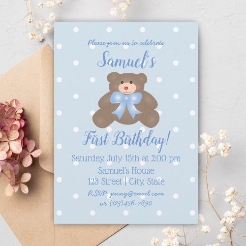 Cute Blue Ribbon Baby Teddy Bear First Birthday Invitation