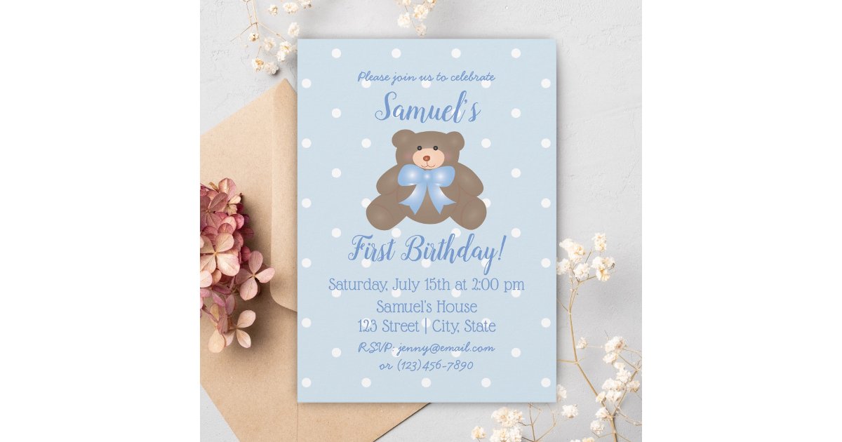 Cute Blue Ribbon Baby Teddy Bear First Birthday Invitation | Zazzle