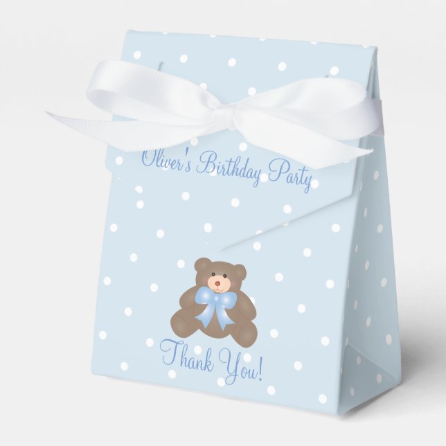 Cute Blue Ribbon Teddy Bear Boy Birthday Party Favor Boxes (Front Side)