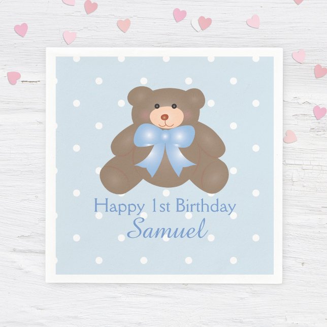 Cute Blue Ribbon Teddy Bear Boy Birthday Party Napkins (Creator Uploaded)