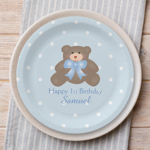 Cute Blue Ribbon Teddy Bear Boy Birthday Party Paper Plates