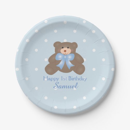 Cute Blue Ribbon Teddy Bear Boy Birthday Party Paper Plates