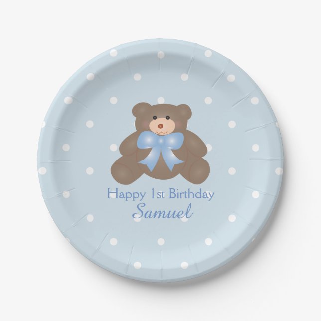 Cute Blue Ribbon Teddy Bear Boy Birthday Party Paper Plates (Front)