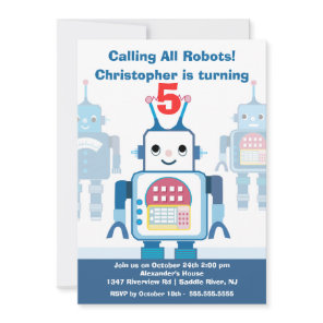 Cute Blue Robot Birthday Party Invitation