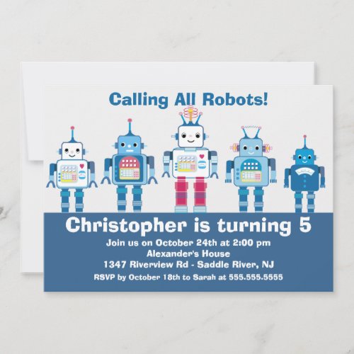 Cute Blue Robot Birthday Party Invitation