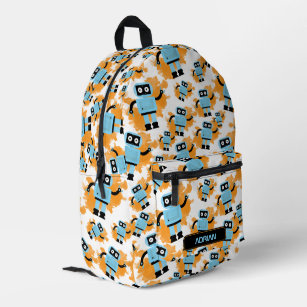 Cute Blue Robot Orange Watercolor Custom Name Printed Backpack