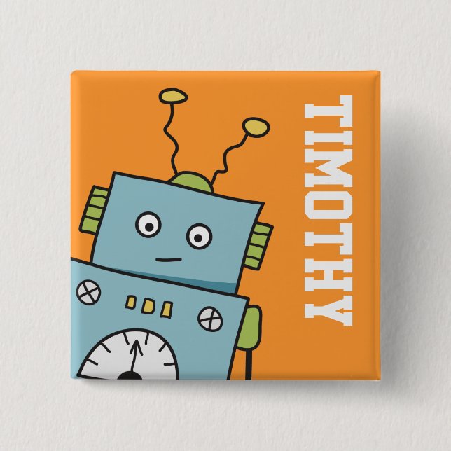 Cute Blue Robot with Personalized Name Button (Front)