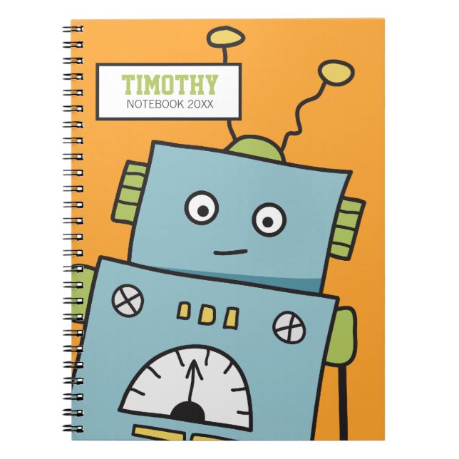 Cute Blue Robot with Personalized Name Notebook (Front)