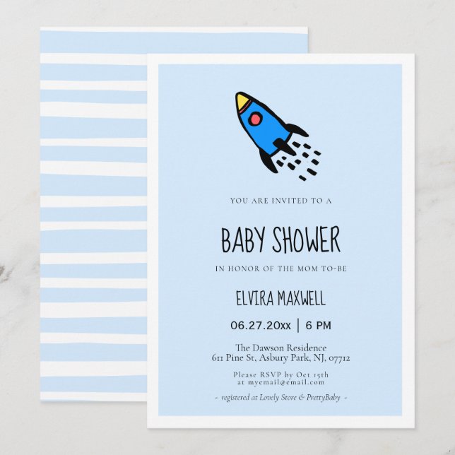 Cute blue rocket baby boy Baby shower Invitation (Front/Back)