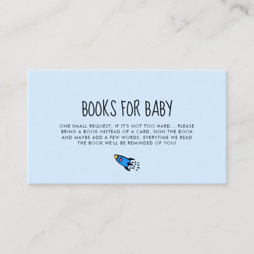 Cute blue rocket baby shower book request card