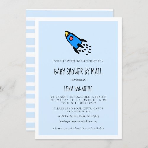 Cute blue rocket Boy Baby Shower by mail Invitation