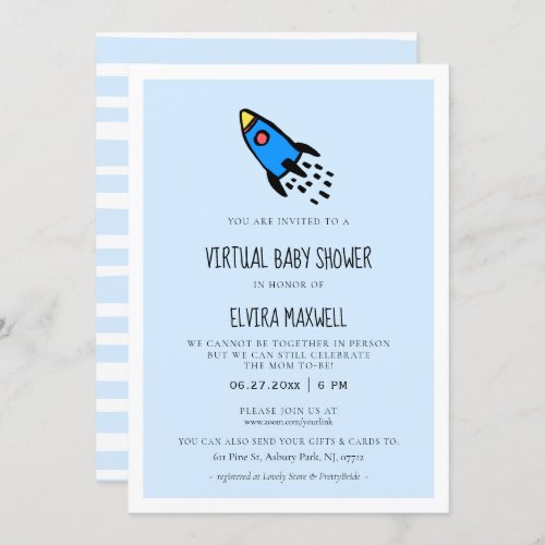 Cute blue rocket Boy Virtual Baby shower Invitation