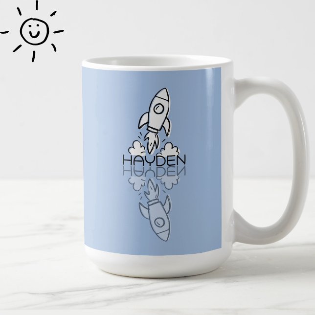 Cute Blue Rocket Reflection Doodle Custom Name  Coffee Mug (Creator Uploaded)