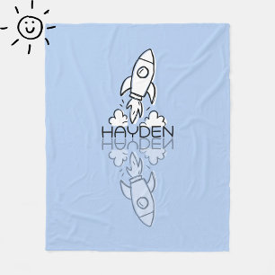 Cute Blue Rocket Reflection Doodle Custom Name Fleece Blanket