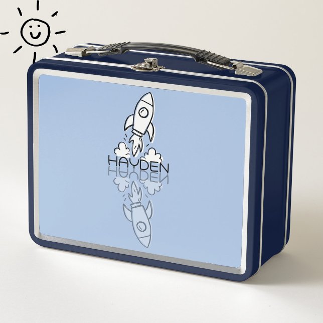 Cute Blue Rocket Reflection Doodle Custom Name  Metal Lunch Box (Creator Uploaded)