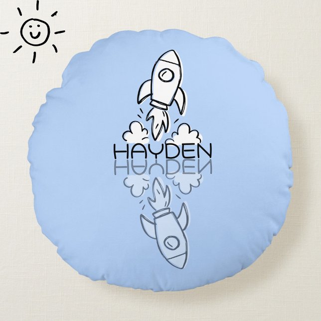 Cute Blue Rocket Reflection Doodle Custom Name  Round Pillow (Creator Uploaded)
