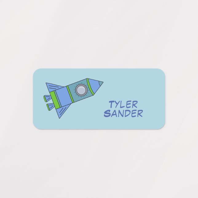 Cute Blue Rocket Ships / Kids' Labels with Name (Design 1)