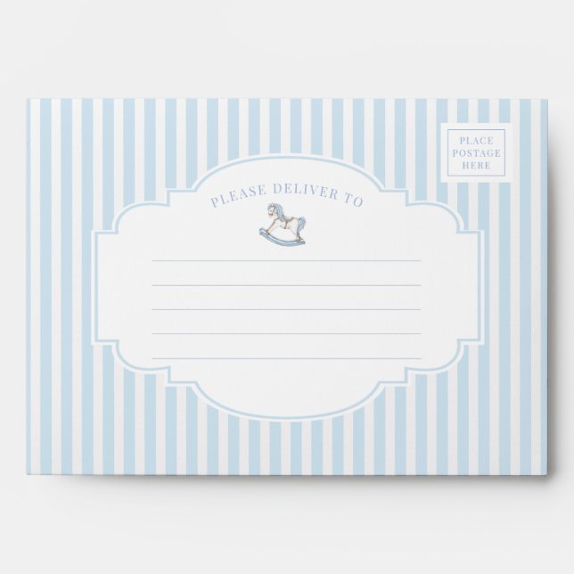 Cute blue rocking horse baby boy shower Envelope (Front)