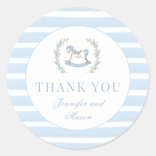 Cute blue rocking horse baby boy shower thank you classic round sticker