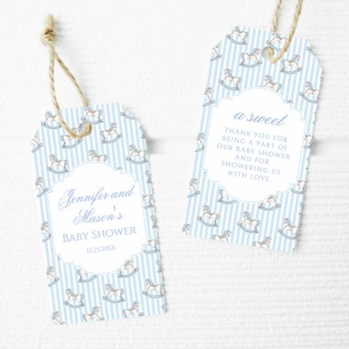 Cute blue rocking horse baby boy shower thank you gift tags