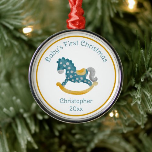 Cute Blue Rocking Horse Babys First Christmas Metal Ornament