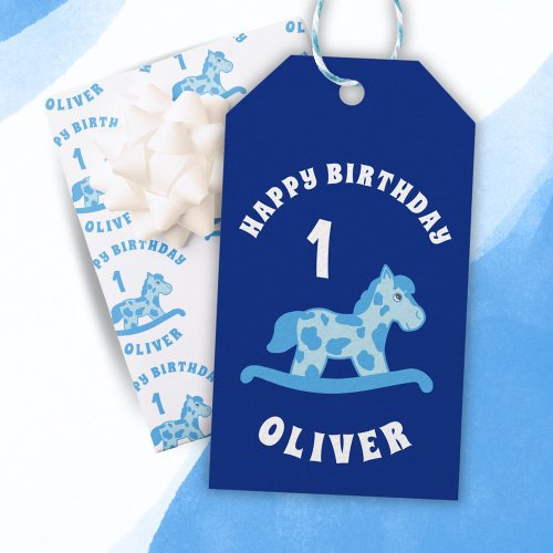 Cute Blue Rocking Horse Boy 1st Birthday  Gift Tags