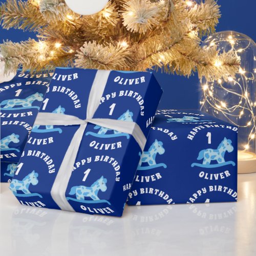 Cute Blue Rocking Horse Boy 1st Birthday  Wrapping Paper