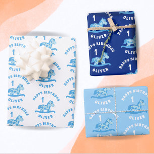 Cute Blue Rocking Horse Boy 1st Birthday Wrapping Paper Sheets