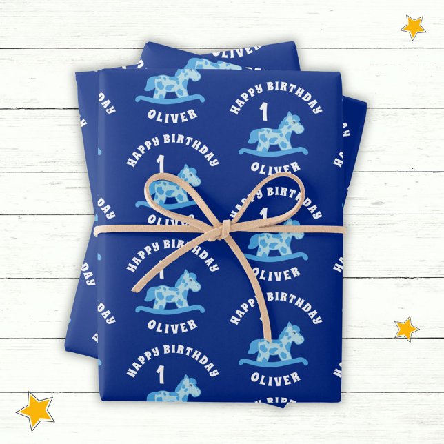Cute Blue Rocking Horse Boy 1st Birthday  Wrapping Paper Sheets (Creator Uploaded)