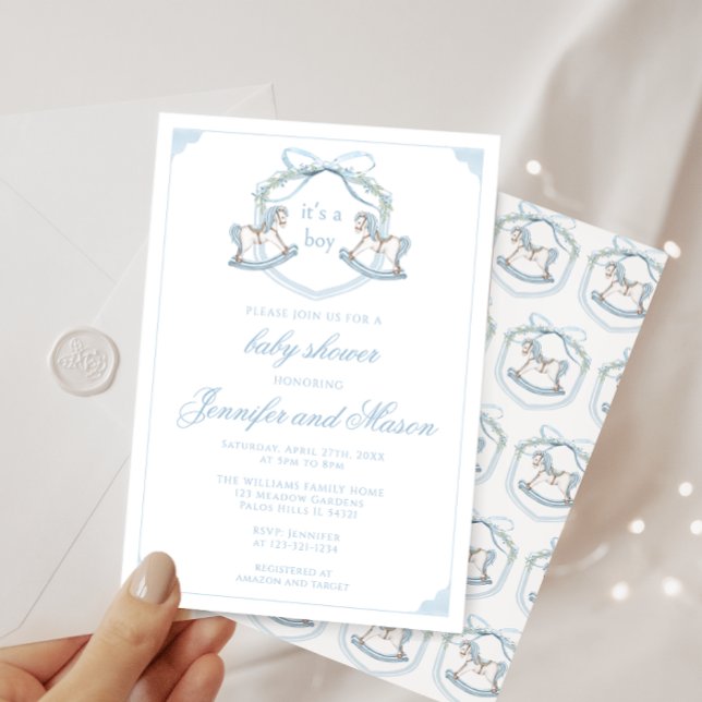 Cute blue rocking horse crest boho baby boy shower invitation (Creator Uploaded)