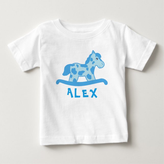 Cute Blue Rocking Horse Name Baby Boy T-Shirt (Front)