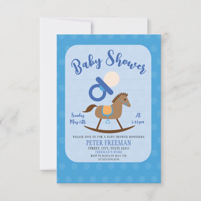 Cute Blue Rocking Horse Pacifier Boy Baby Shower Invitation (Front)