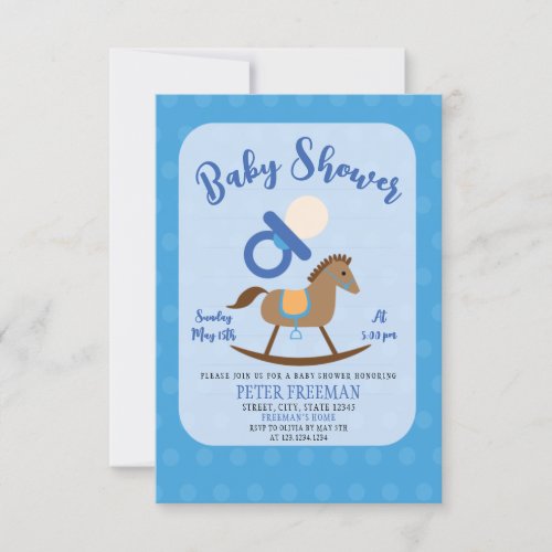 Cute Blue Rocking Horse Pacifier Boy Baby Shower Invitation