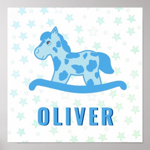 Cute Blue Rocking Horse Star Kids Name Poster
