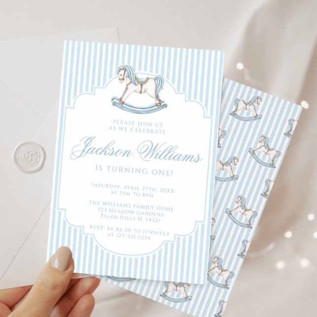 Cute blue rocking horse stiped boho birthday boy invitation (Creator Uploaded)