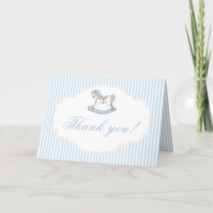 Cute blue rocking horse vintage baby boy shower thank you card