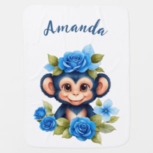 Cute Blue Roses Watercolor Monkey Baby Blanket