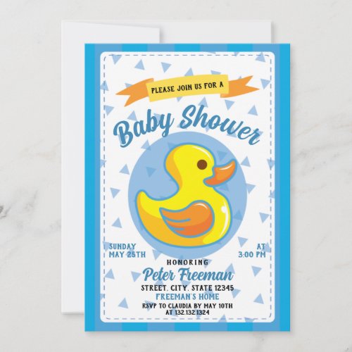 Cute Blue Rubber Duck Toy Boy Baby Shower Invitation