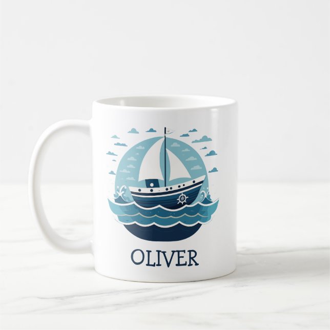 Cute Blue Sailboat at Sea Personalized Coffee Mug (Left)