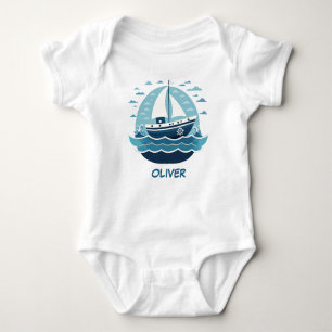 Cute Blue Sailboat Baby Bodysuit
