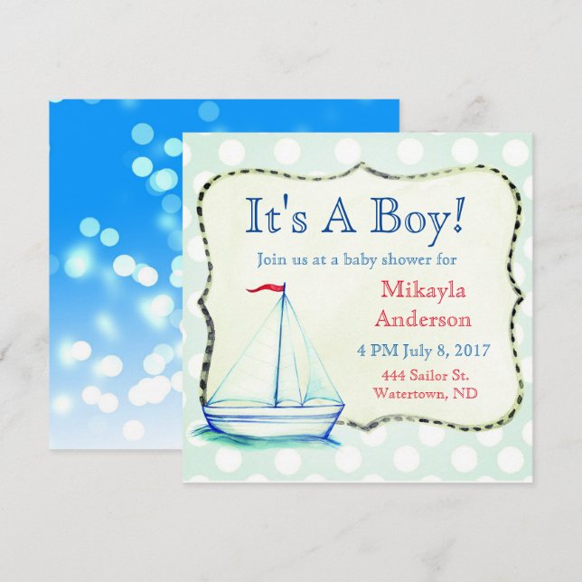Cute Blue Sailboat Nautical Baby Shower Invitation (Front/Back)