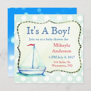 Cute Blue Sailboat Nautical Baby Shower Invitation