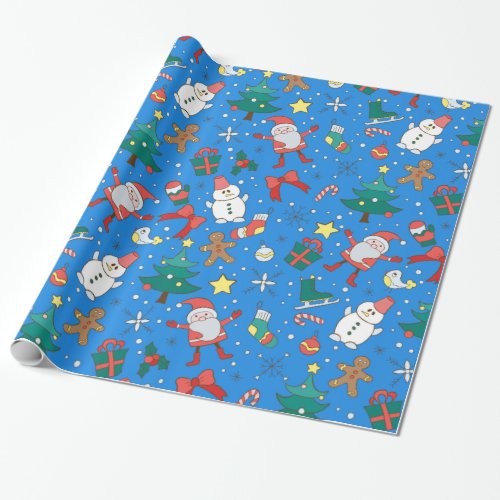Cute Blue Santa and Friends Wrapping Paper