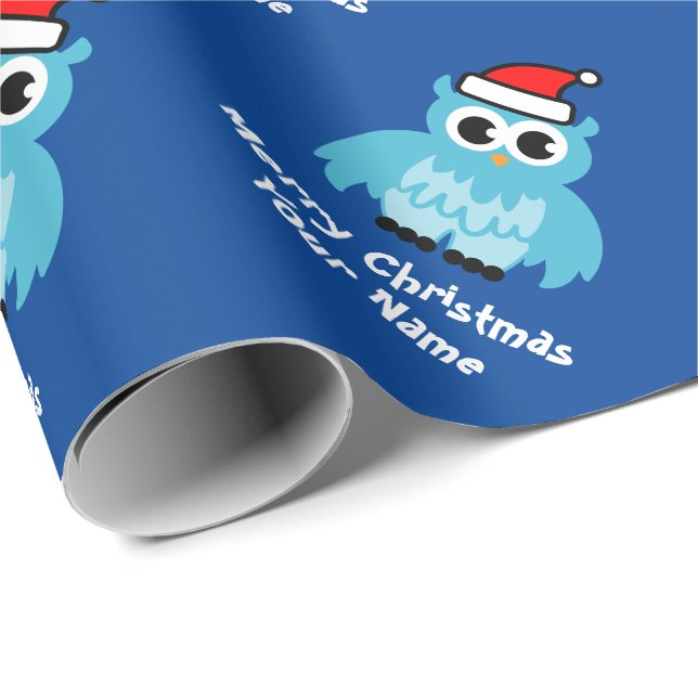 Cute blue Santa owl custom kid's Christmas Holiday Wrapping Paper (Roll Corner)